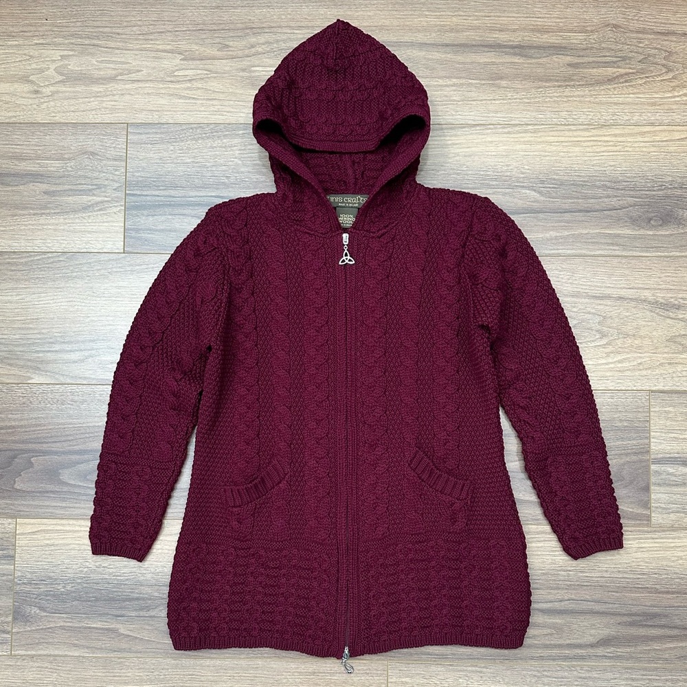 Inis Crafts Cable Knit Zip Up Hooded Sweater in Maroon Size Medium